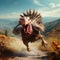 A big, frightened 3D turkey in flight in a clearing. Close-up view. Turkey as the main dish of thanksgiving for the harvest