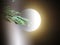 Big full glowing moon behind a Cupressus tree branch on dark blurred sky background.