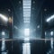 Big Futuristic Hangar Empty Facility Industrial Factory Storage Car Dark Foggy Inside Glowing Lights From Windows Wet Concrete