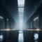 Big Futuristic Hangar Empty Facility Industrial Factory Storage Car Dark Foggy Inside Glowing Lights From Windows Wet Concrete