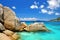 Big granite stones on the tropical beach, Coco Island, Indian ocean, Seychelles.