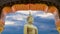 Big great powerful Buddha statue in gold color with beautiful time lapse of sky with cloudy at sunset or sunrise time background