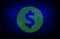 Big green dotted dollar sign over blue world map