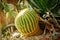 Big green sphere cactus with large needles and aloe and different cactuses on the background