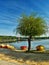 Big green tree on the sandy shore of the Alum Lake Kamencove jezero in Chomutov with red and yellow boats and pedal boats in the