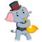 The big grey elephant uses the black hat and playing the trumpet