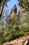 Big grey rocks with mountains and trees in background at Elbe Sandstone Mountains in beautiful Saxon Switzerland near Bohemian Swi