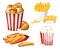 Big group of fast food products. Vector illustration isolated on white background. Set of cheese stick, popcorn, french fries, fri