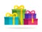 Big group gift boxes with ribbons and bows. Vector flat illustration. Colorful wrapped