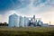 Big group of grain dryers complex for drying wheat. Modern grain