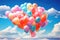 Big group multicolored balloons flying at sky