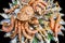 Big hairy boiled crab sits on a heap of dried salted fish on a gift bouquet on the black background