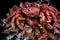 Big hairy boiled crab sits on a heap of dried salted fish on a gift bouquet on the black background. Toned image