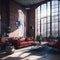 Big Hall Apartment living Room Industrial Architecture Style Large Windows With View Hight Ceiling And Hanging Lamps, Big Leather