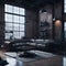 Big Hall Apartment living Room Industrial Architecture Style Large Windows With View Hight Ceiling And Hanging Lamps, Big Leather