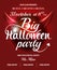 Big Halloween party pink club invitation, flyer with text on shine abstract background and devil horns