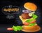 Big hamburger advertisement on wooden blackboard background