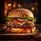 Big hamburger with beef, cheese, tomato and lettuce on a wooden table. Cheeseburger - American cheese burger with fresh salad,