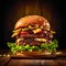 Big hamburger with beef, cheese, tomato and lettuce on a wooden table. Cheeseburger - American cheese burger with fresh salad,