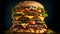 Big Hamburger with cheese, lettuce, sauce, tomato, bacon and cucumber on a black background
