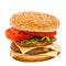 Big hamburger with sesame seeds, fresh vegetables and juicy meat