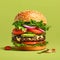 A big hamburger with tomato, cucumber and lettuce on a green background