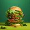 A big hamburger with tomato, cucumber and lettuce on a green background