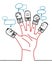 Big hand and cartoon characters - social business network