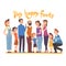 Big Happy Family, Several Generations Standing Together, Grandma, Grandpa, Mom, Dad and Children Cartoon Style Vector