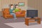 Big happy family watching TV on sofa. Man with coffee cup. Evening watching television series. Interior of the room with TV
