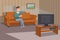 Big happy family watching TV on sofa. Man with coffee cup. Evening watching television series. Interior of the room with TV