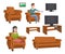 Big happy family watching TV on sofa. Man with coffee cup. Evening watching television series. Set of various elements of TV