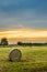 Big hay bale rolls in a lush green field