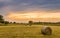 Big hay bale rolls in a lush green field