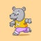 The big hippopotamus is running for doing the sport using the yellow shirt