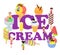 Big ice cream and happy children mini boys, girls climbing on it, vector illustration isolated. Lettering ice cream