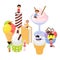 Big ice cream and happy children mini boys, girls climbing on it, vector illustration isolated. Various ice cream