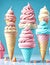 Big Ice Cream Waffles and Cones with Rosa Yellow Blue Brown Ice AI Generated