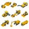 Big isometric set of construction equipment. Forklifts, cranes, excavators, tractors, bulldozers, trucks.