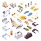 Big isometric set with women travel and vacation accessories like hammock, flip flops, eyeglasses, hat and sandals. Vector