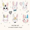 Big kawaii set of doodle cute sweet bunnies, sketch characters, hand drawn illustration with pen, clipart collection, faces with