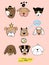 Big kawaii set of doodle cute sweet dogs, clipart collection, dogs faces with different emotions, emoticons, smileys