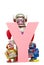 Big letter Y held by vintage robot toys