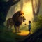 Big lion and little cute boy, a courageous boy with a lion.