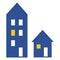 Big and little houses, vector icon, blue color. Two houses.