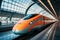 A big long express train on a railway platform. Boarding platform at the railway station. High-speed transport