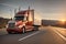 Big long heavy semi-treailer truck with container driving highway dramatic warm morning evening sunrise sun sky sunset, generative