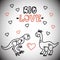 Big Love -hand lettering text. Cute vector dinosaurs and hearts on white background