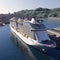 big luxurious cruise ship docked in a nice harbor. Ai generative