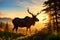 Big male Bull moose in deep coniferous forest in rays of sunset, AI generated